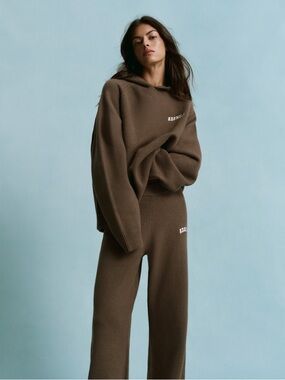 ADANOLA Chest Varsity Oversized Knit Hoodie - Dark Cocoa Brown/Marshmallow M nwt